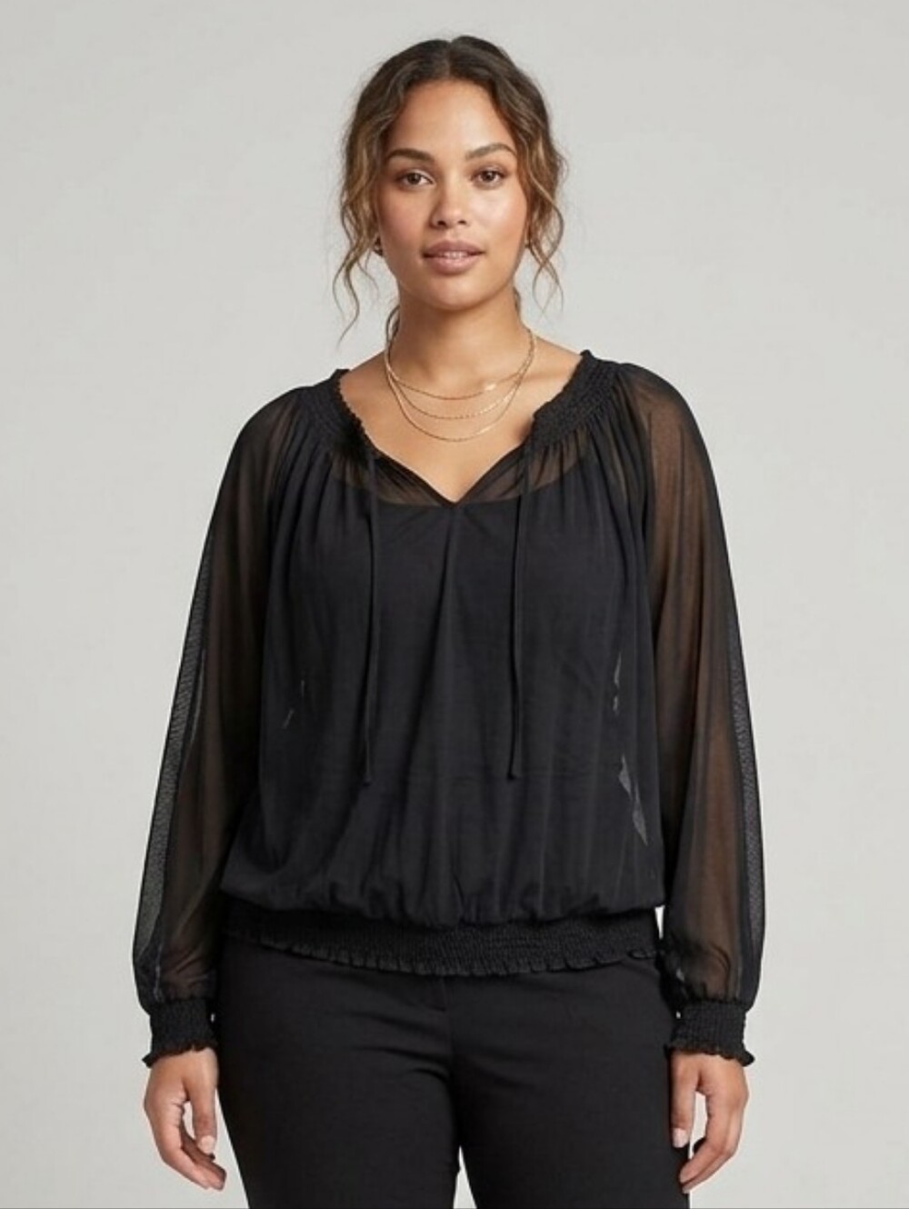 H&M Black Sheer Blouse Size Large Smocked Long Sleeve Chiffon Top